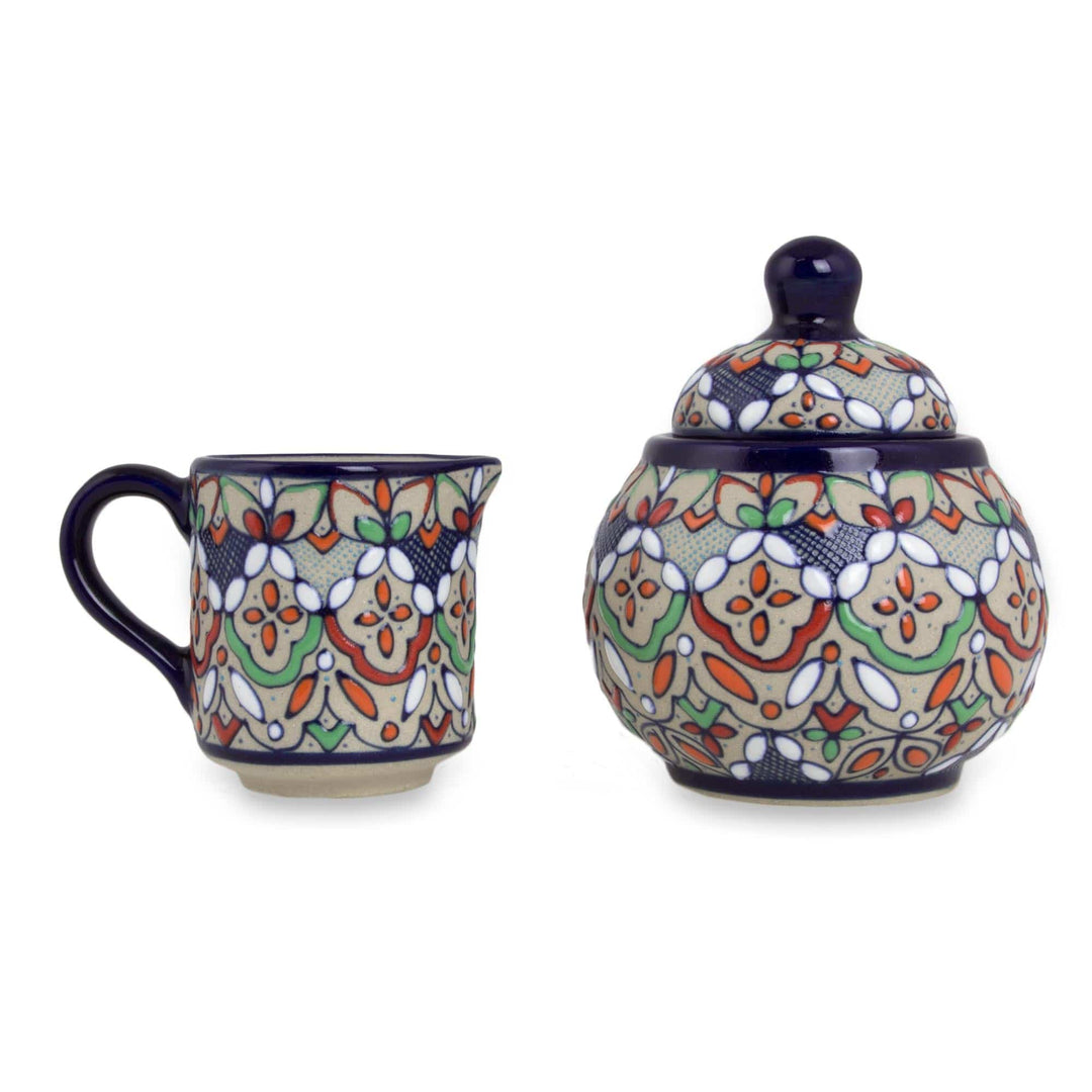 Mexican Ceramic Artisan Crafted Sugar Bowl and Creamer Set - Guanajuato Festivals