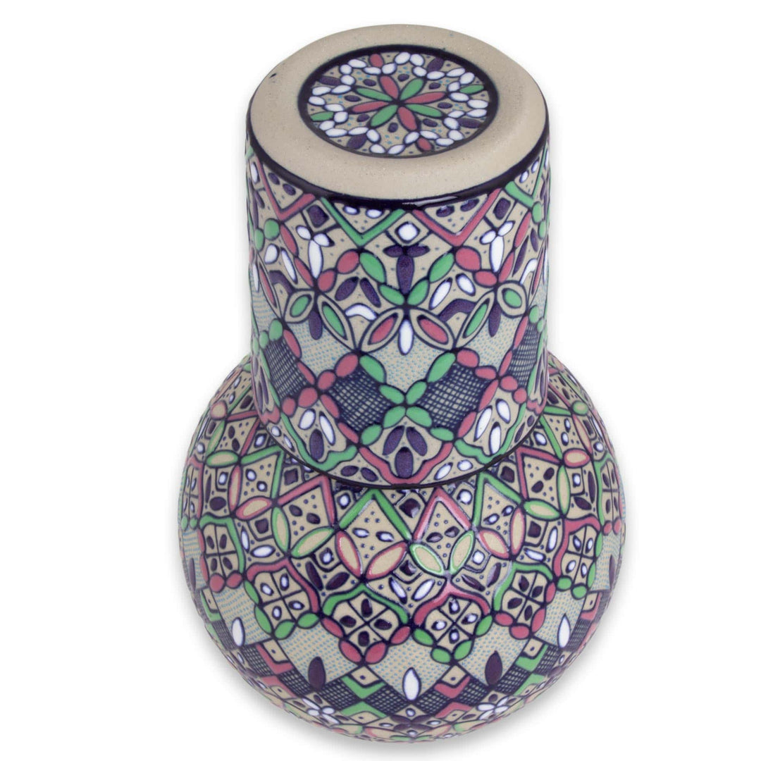 Ceramic Handcrafted Carafe and Drinking Cup Set - Flowers in Celaya
