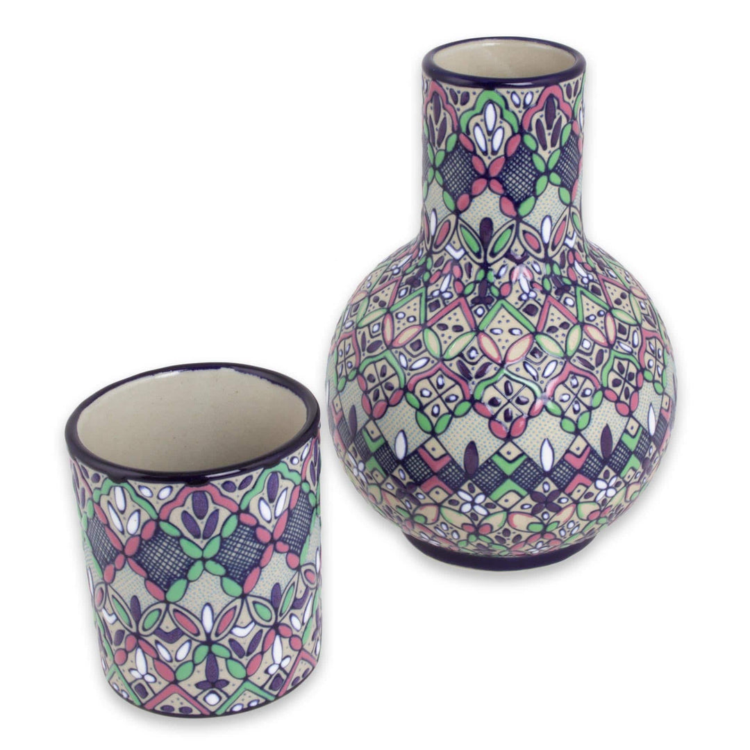 Ceramic Handcrafted Carafe and Drinking Cup Set - Flowers in Celaya