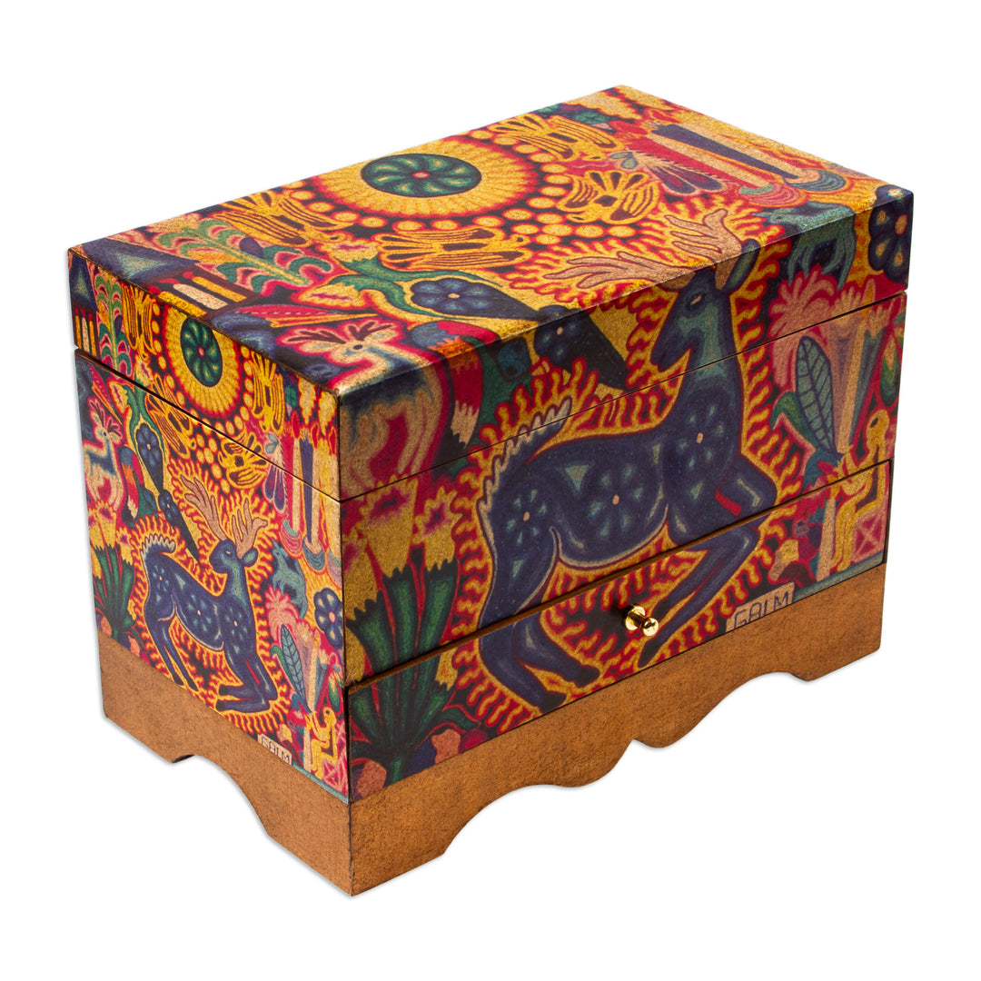 Huichol Deer on Decoupage Wood Jewelry Box - Kawuyumaire Guardian