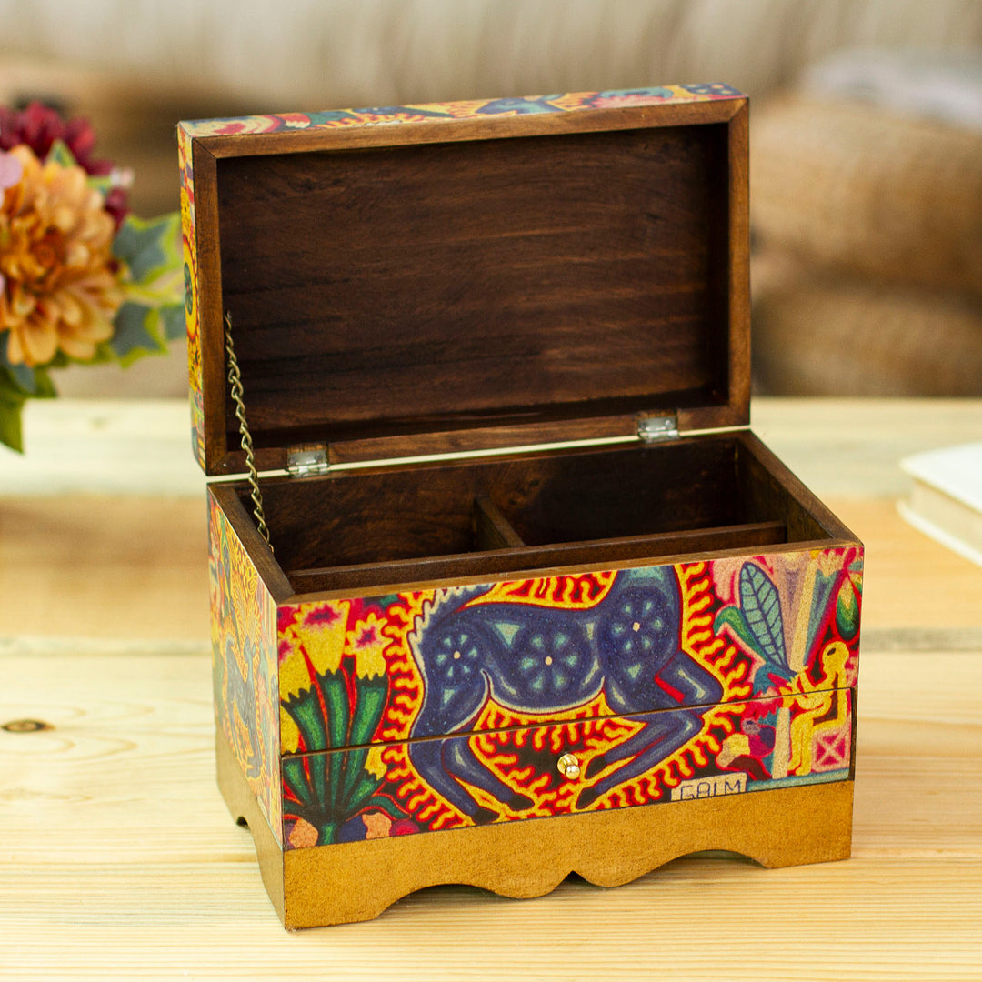 Huichol Deer on Decoupage Wood Jewelry Box - Kawuyumaire Guardian