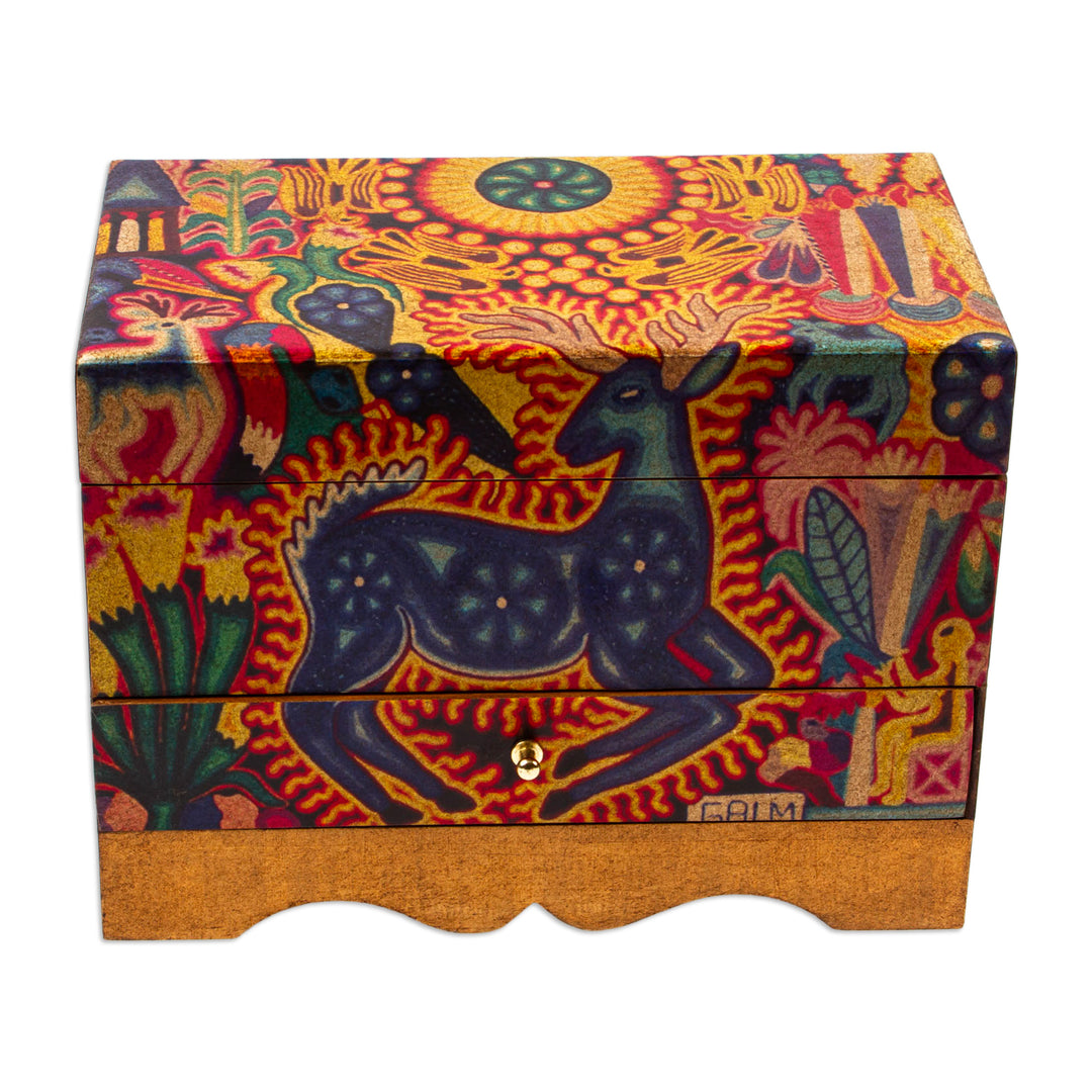 Huichol Deer on Decoupage Wood Jewelry Box - Kawuyumaire Guardian