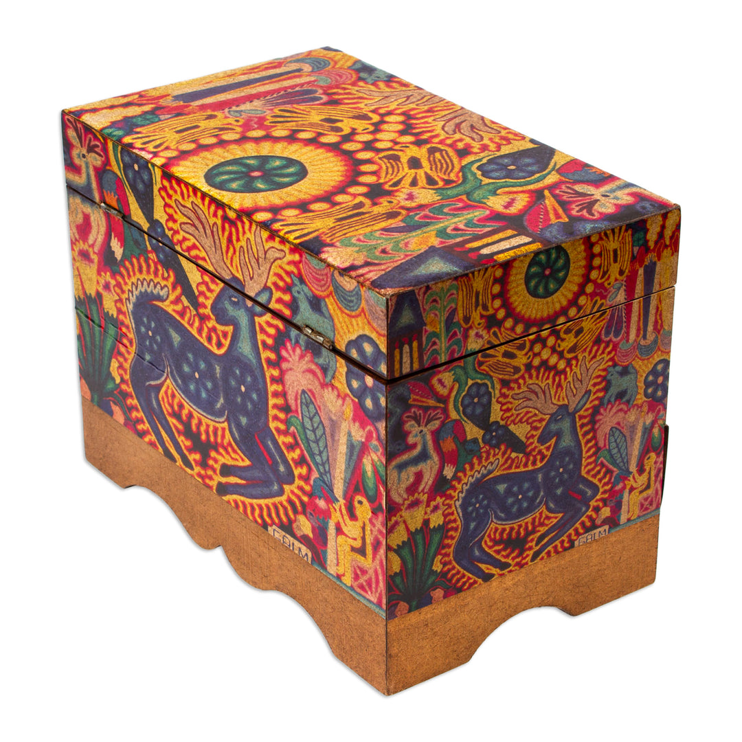 Huichol Deer on Decoupage Wood Jewelry Box - Kawuyumaire Guardian