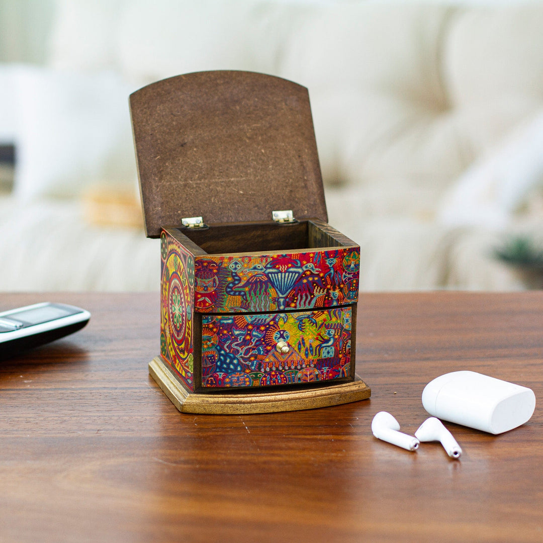 Decoupage on Pinewood Jewelry Box with Huichol Theme - Huichol Vision