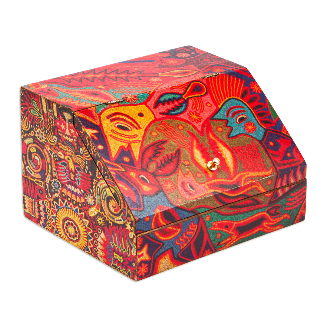 Huichol Cosmogony on 6-Inch Decoupage Wood Jewelry Box - Huichol Essence