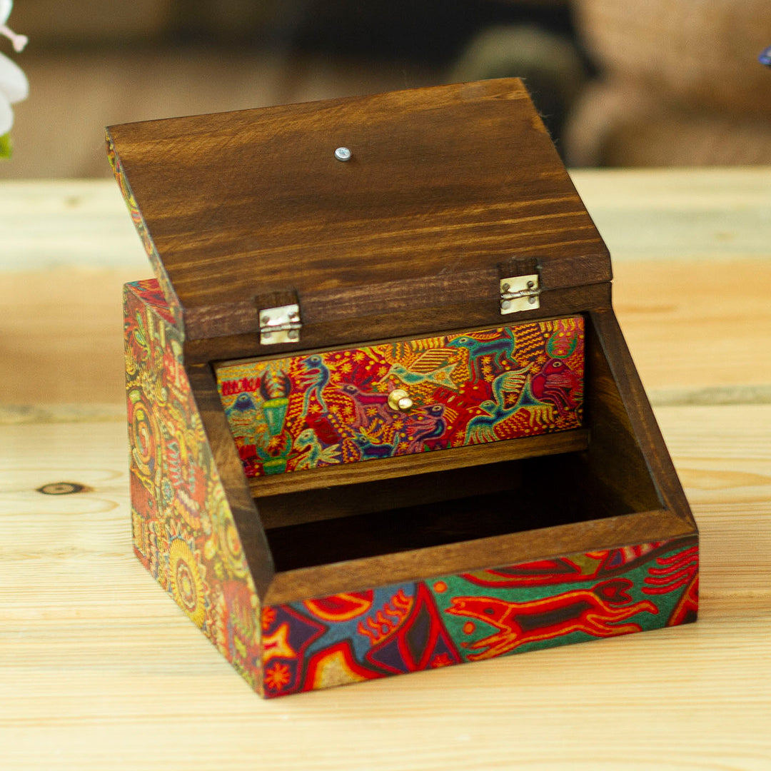 Huichol Cosmogony on 6-Inch Decoupage Wood Jewelry Box - Huichol Essence