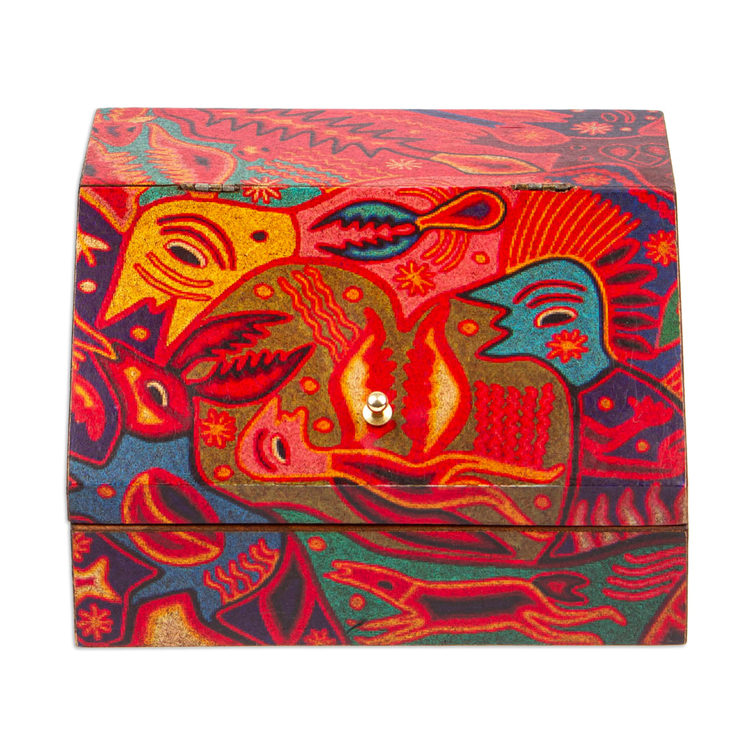 Huichol Cosmogony on 6-Inch Decoupage Wood Jewelry Box - Huichol Essence