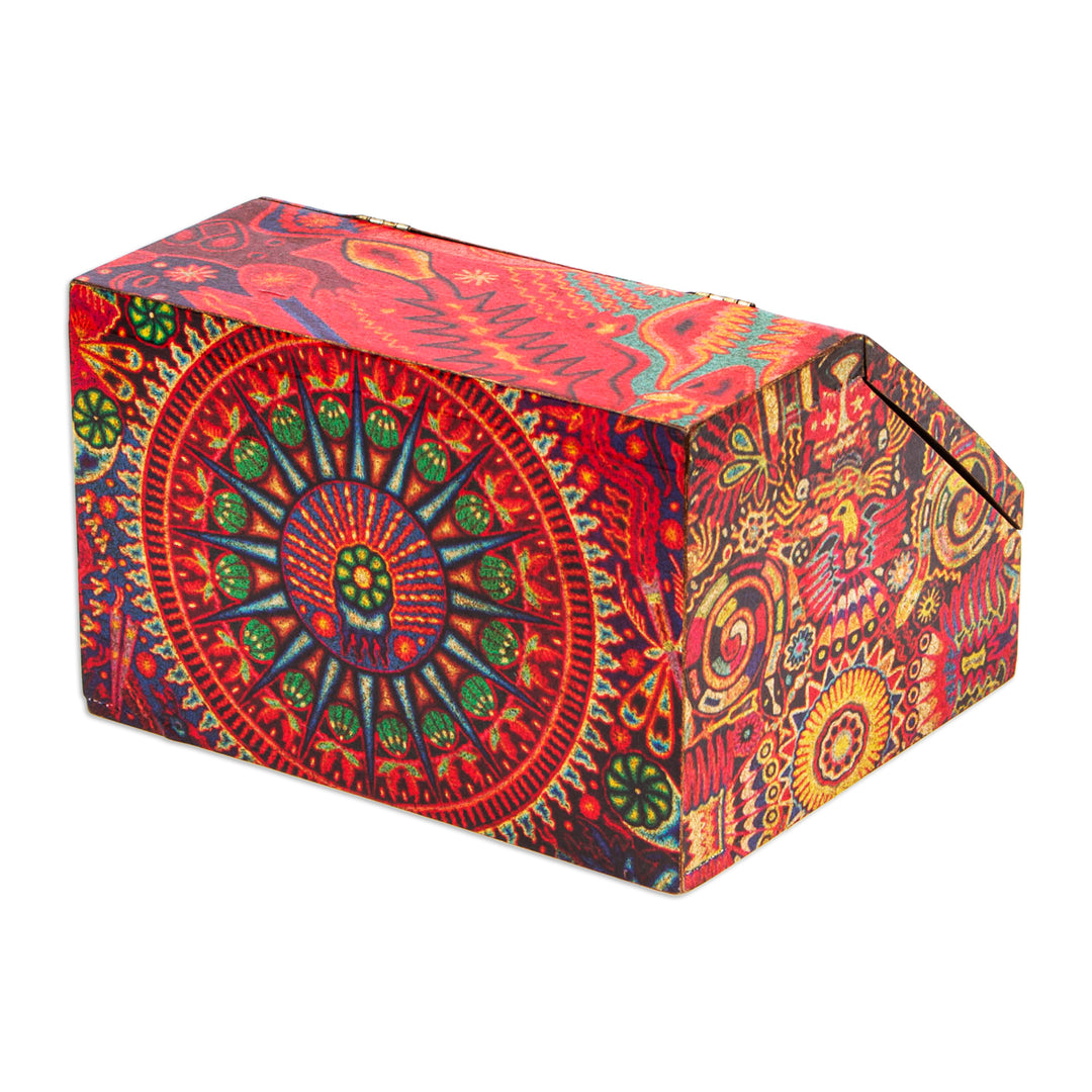 Huichol Cosmogony on 6-Inch Decoupage Wood Jewelry Box - Huichol Essence