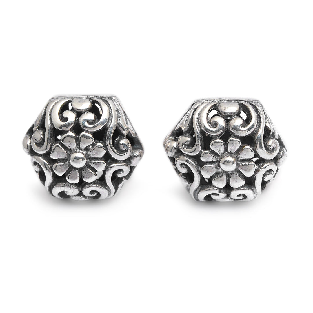 Hexagonal Sterling Silver Button Earrings with Daisy Motif - Daisy