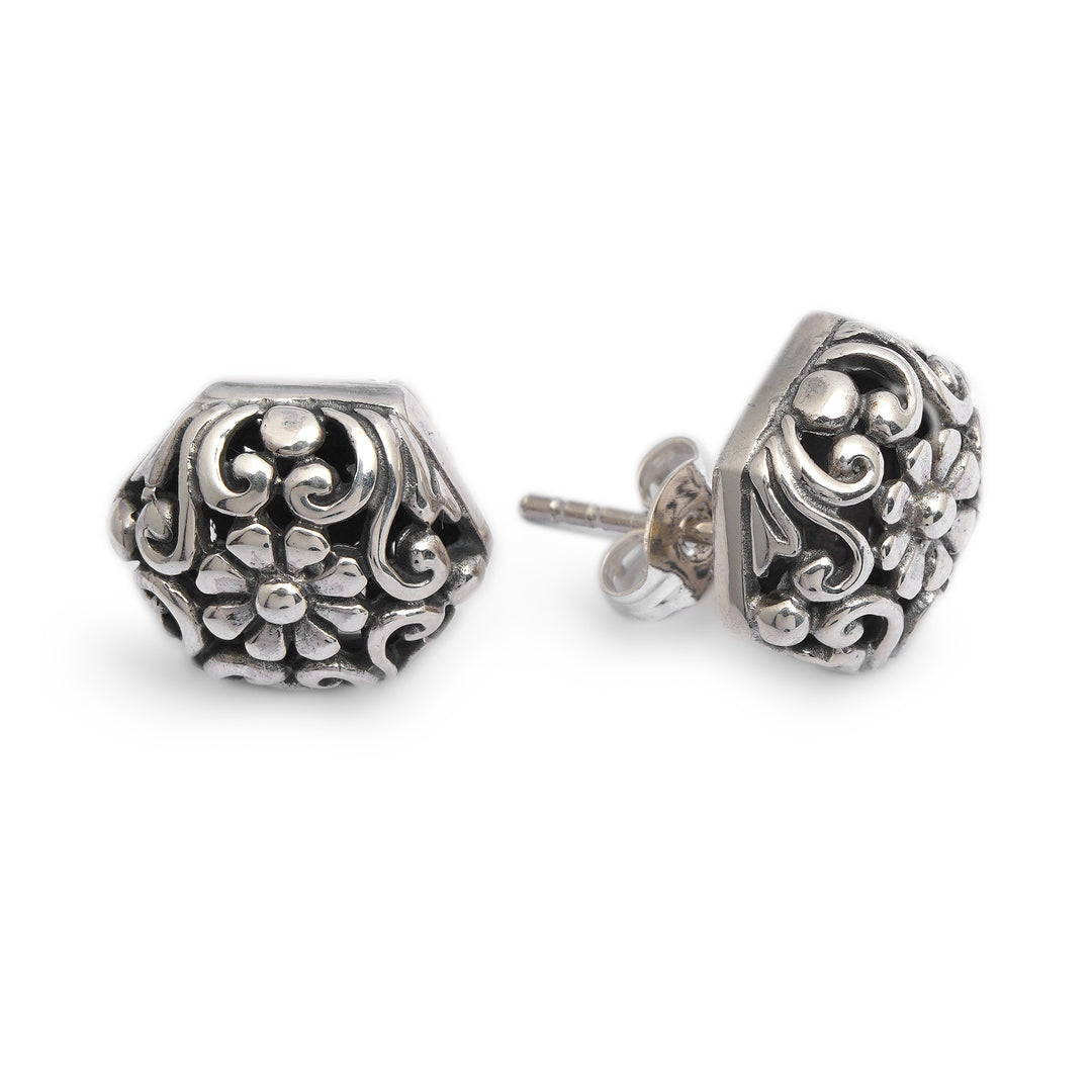 Hexagonal Sterling Silver Button Earrings with Daisy Motif - Daisy