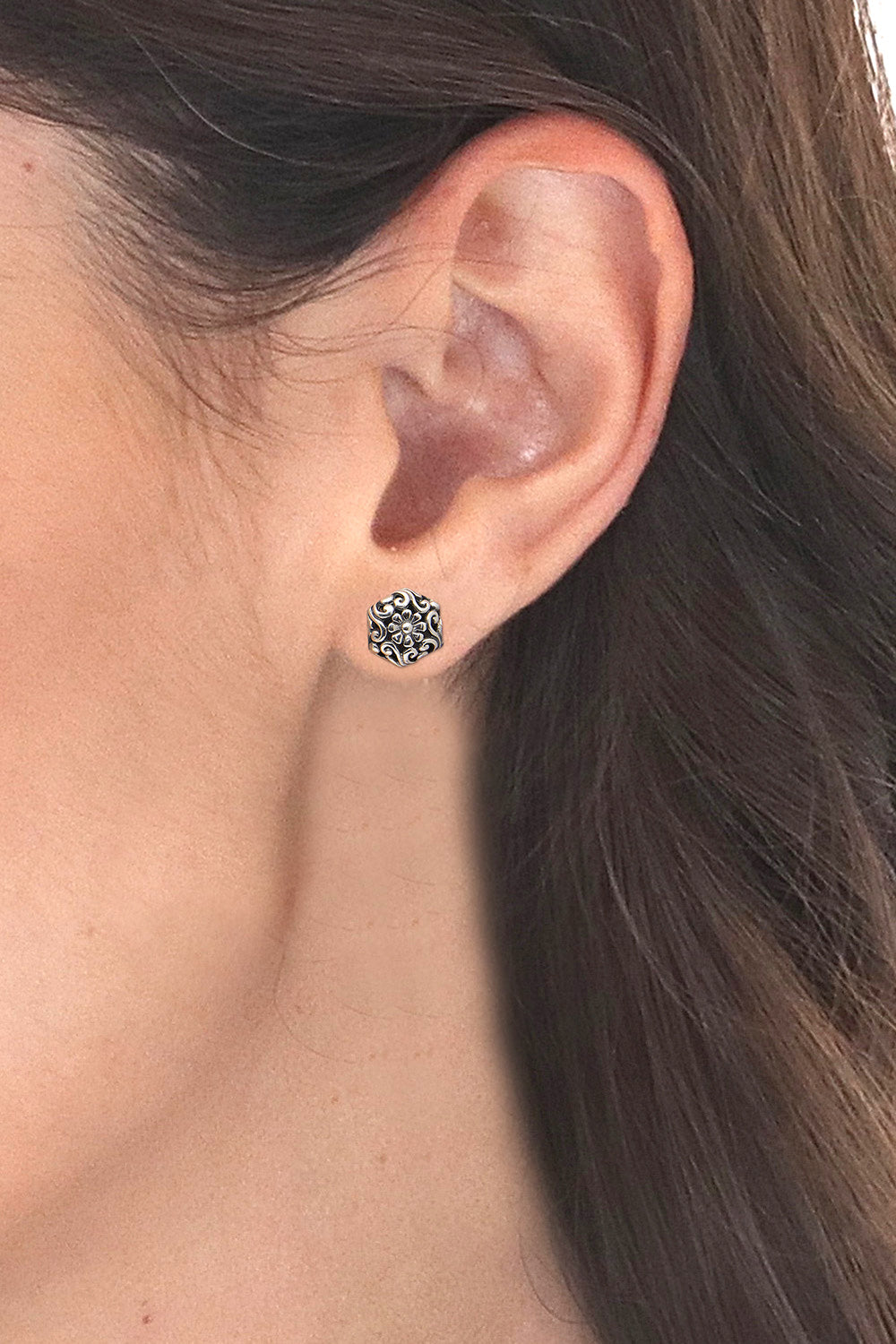 Hexagonal Sterling Silver Button Earrings with Daisy Motif - Daisy