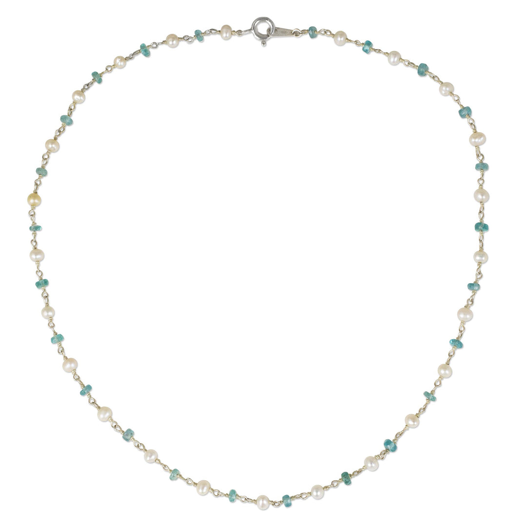 Thai White Pearl and Silver Strand Necklace with Apatite - Luminous Morn