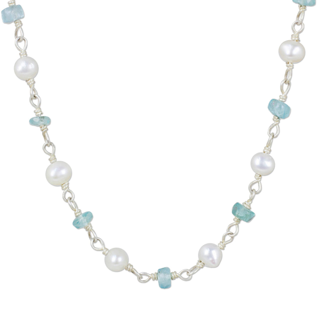 Thai White Pearl and Silver Strand Necklace with Apatite - Luminous Morn