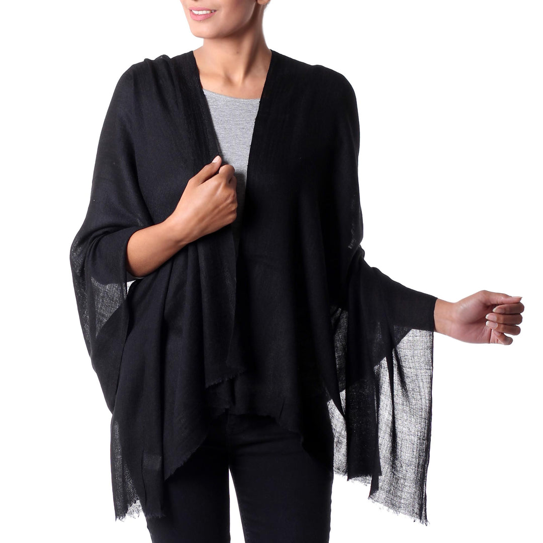 Black Wool and Viscose Shawl with Diamond Pattern - Black Diamonds