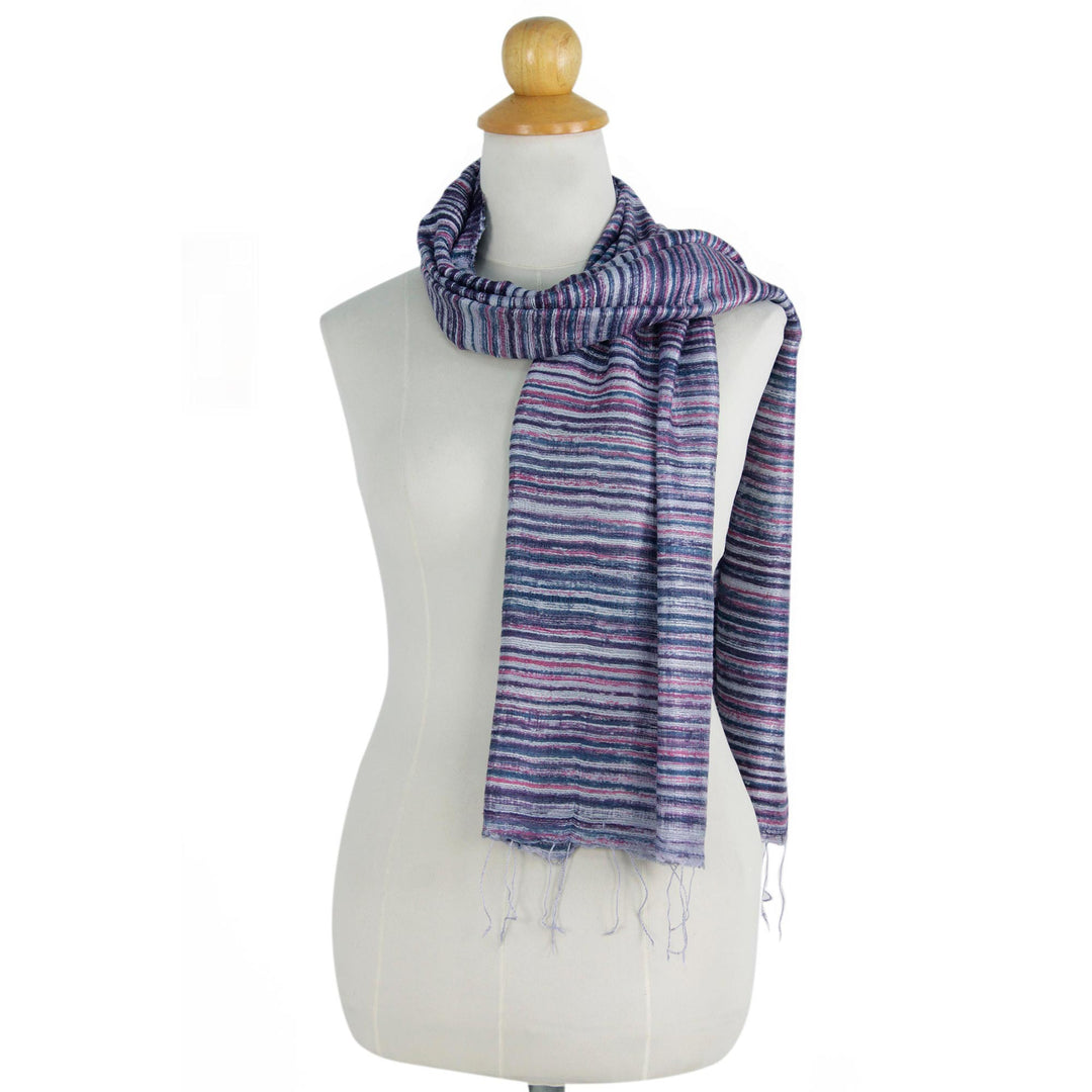 Hand Spun Silk Scarf Woven in Purple Blue and Grey - Purple Iridescence