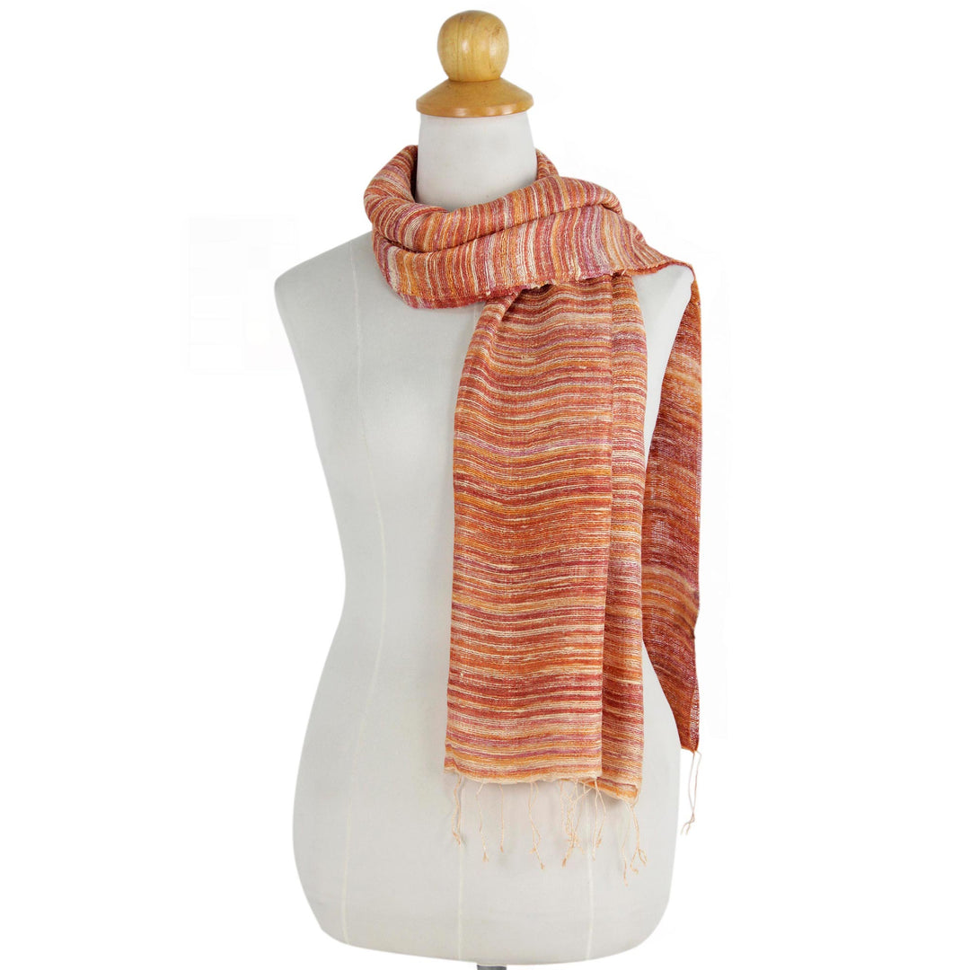 Hand Spun Silk Scarf Woven in Orange Yellow and Red - Orange Iridescence