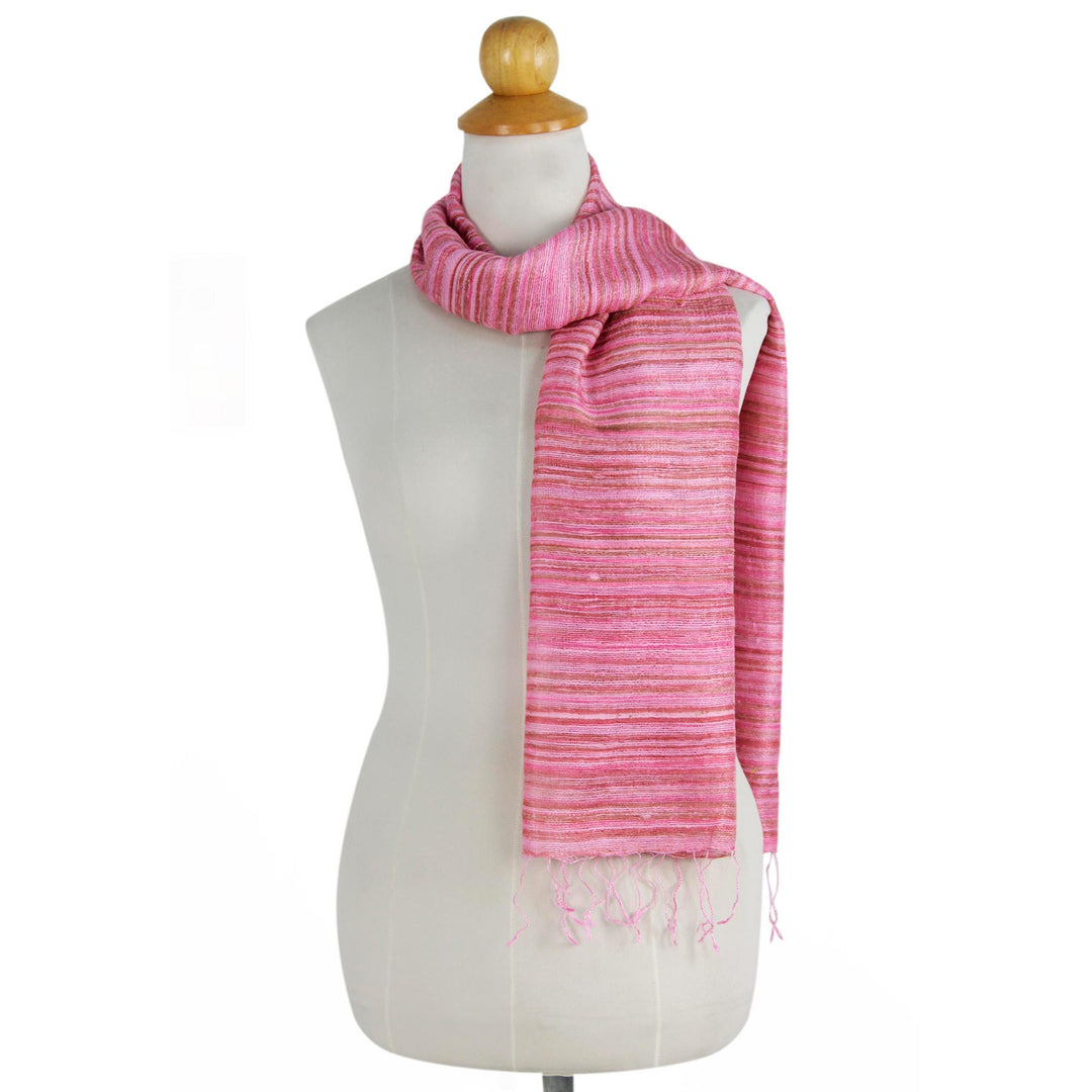 Thai Hand Woven Pink and Brown 100% Silk Scarf - Rose Iridescence