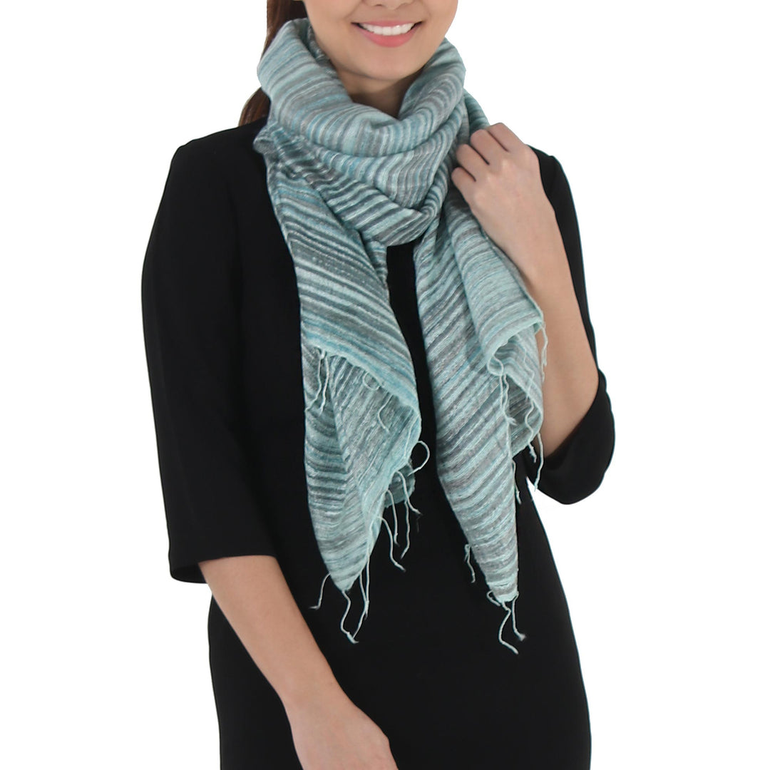 Hand Spun Silk Scarf Woven in Teal and Green - Teal Iridescence