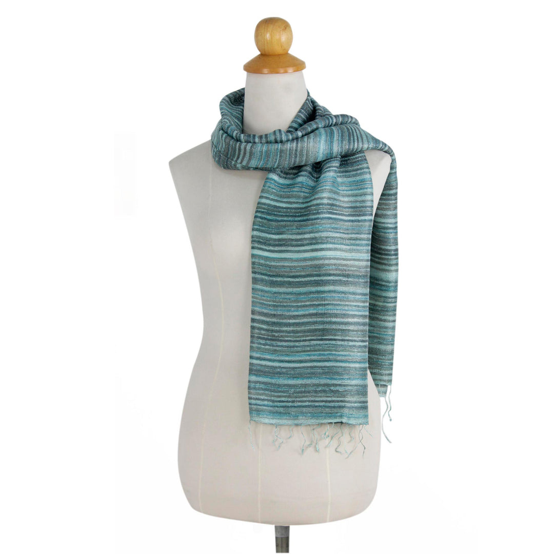Hand Spun Silk Scarf Woven in Teal and Green - Teal Iridescence