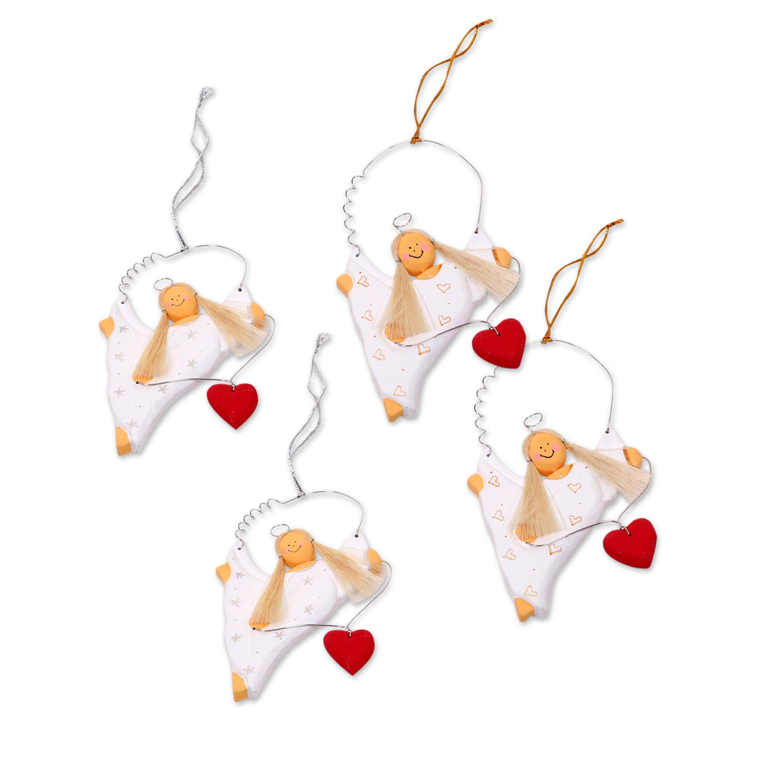 Set of Four Wooden Dancing Angel Ornaments with Hearts - Celebrating Angels