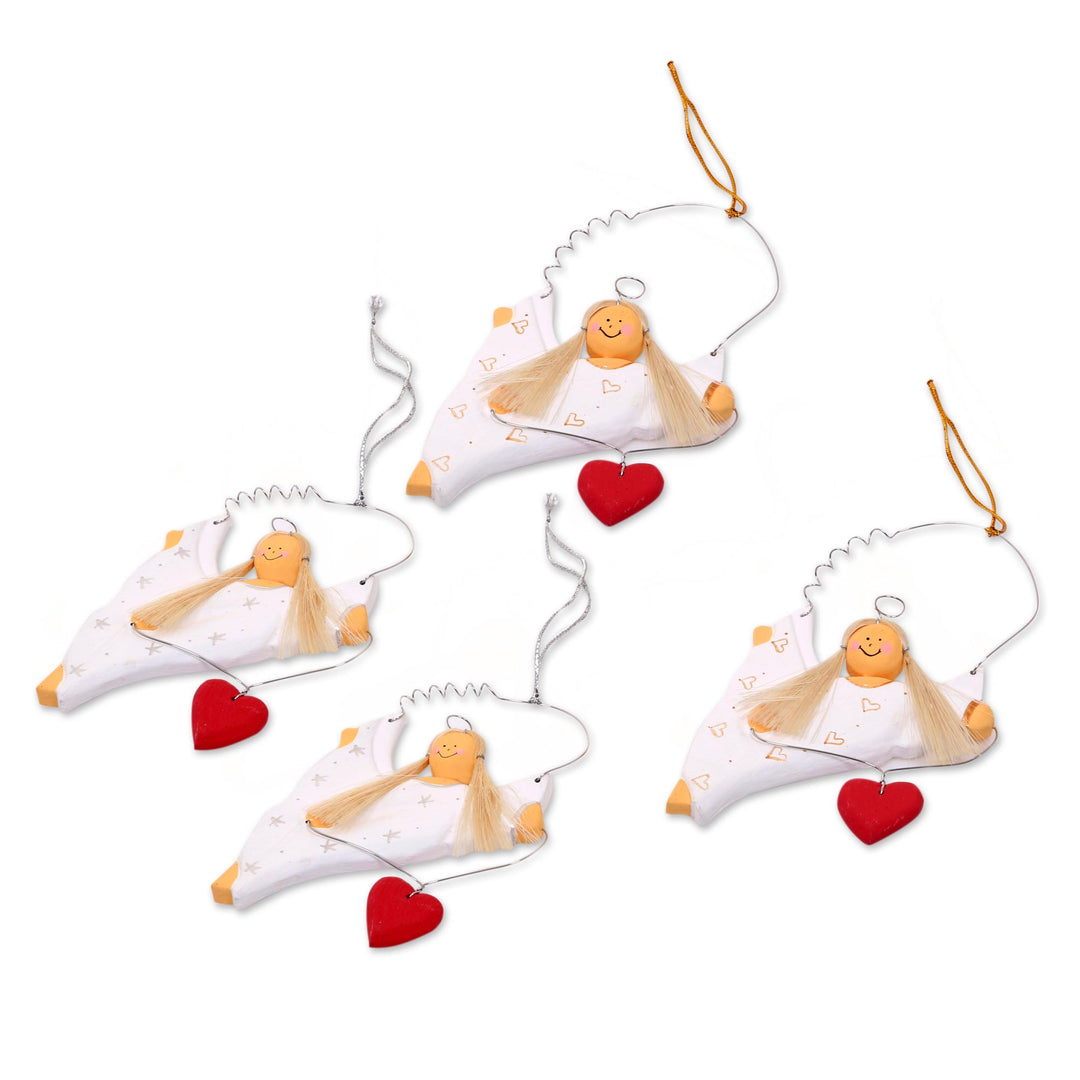 Set of Four Wooden Dancing Angel Ornaments with Hearts - Celebrating Angels