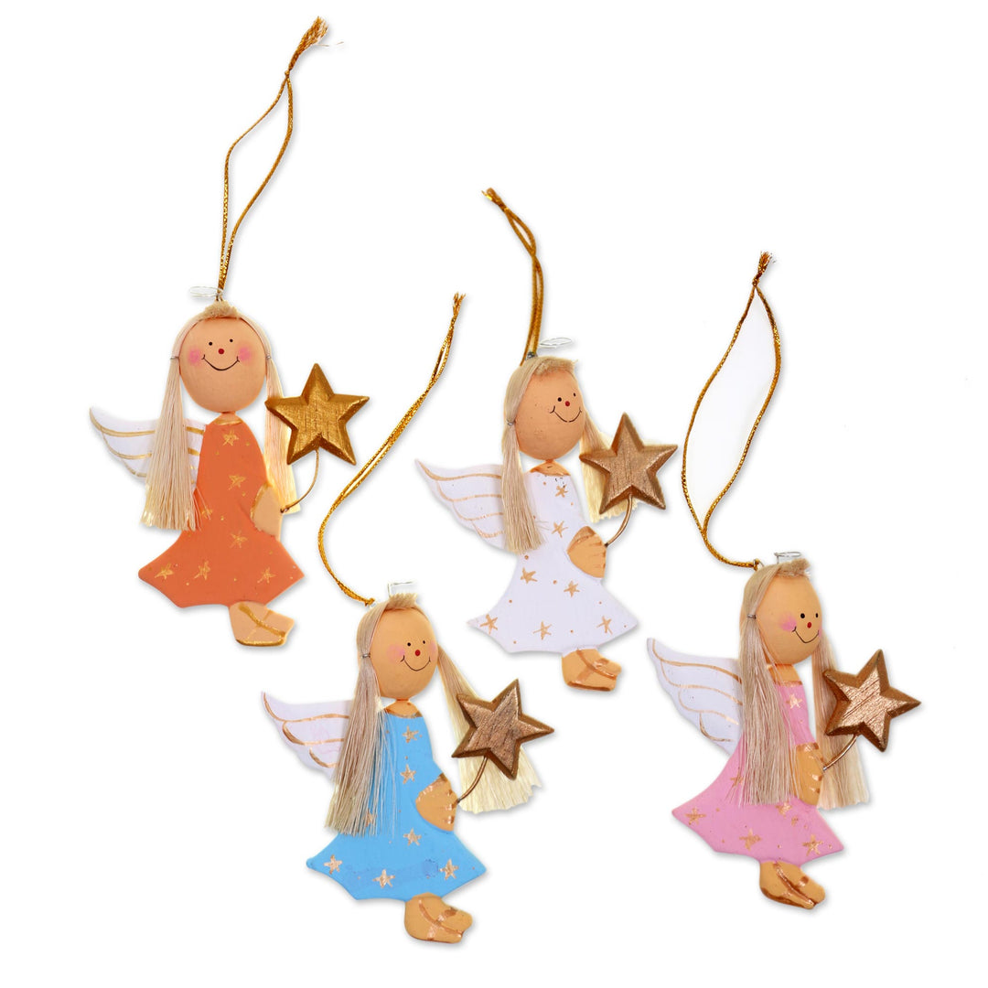 4 Artisan Crafted Angel with Stars Holiday Ornaments Set - Starlight Angels