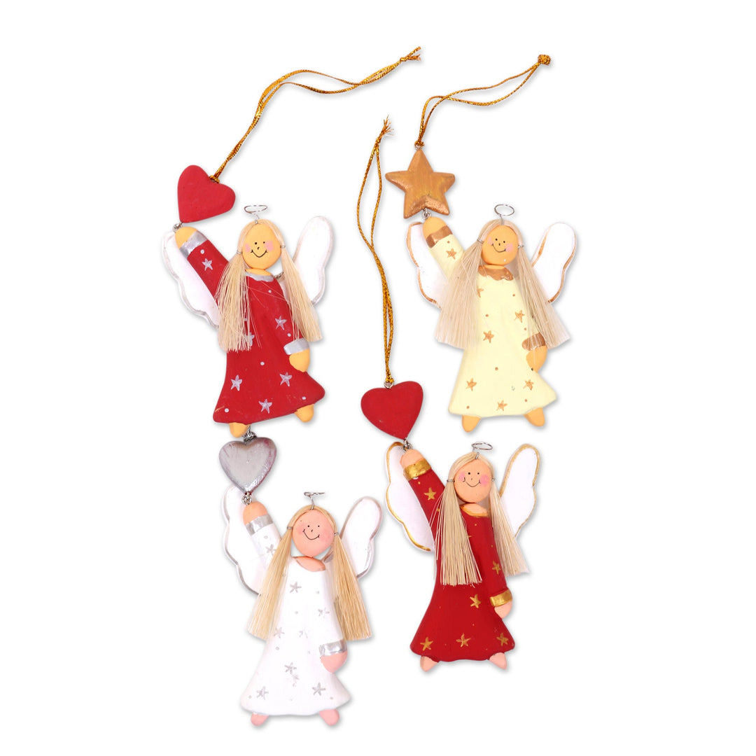 Artisan Crafted Set of 4 Wood Angel Ornaments from Bali - Dream Angels