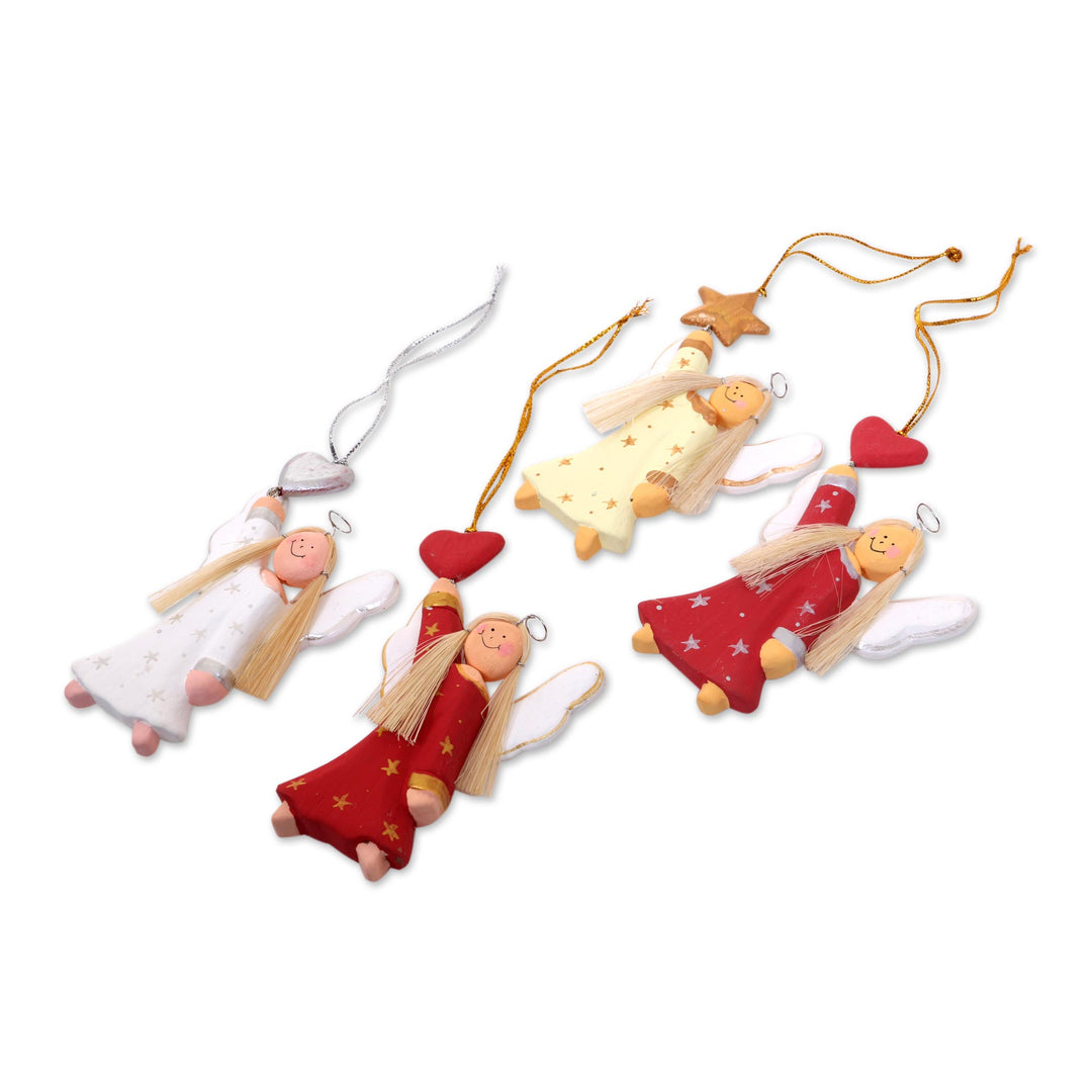 Artisan Crafted Set of 4 Wood Angel Ornaments from Bali - Dream Angels
