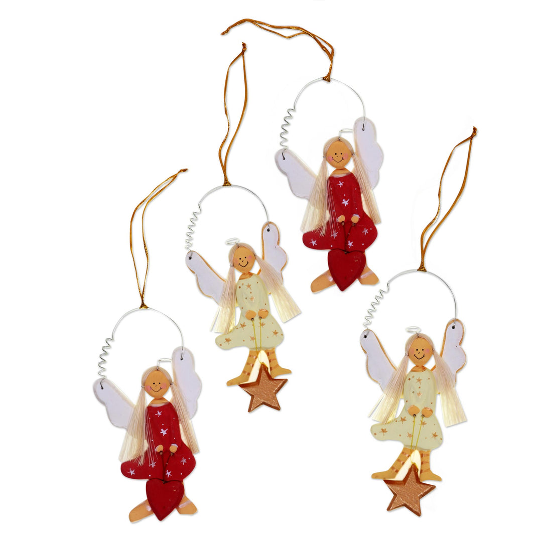 4 Artisan Crafted Angel Ornaments with Hearts and Stars - Angels of Love and Light