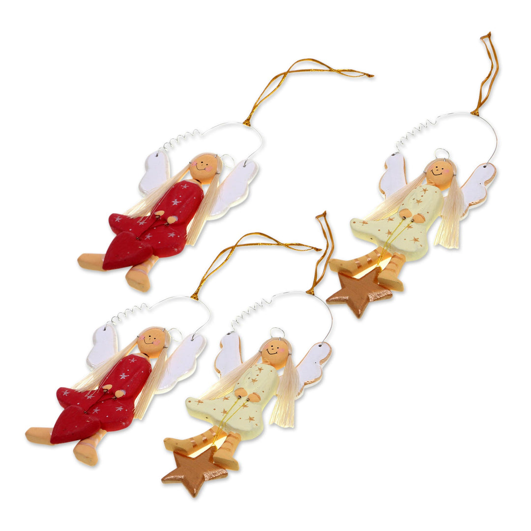 4 Artisan Crafted Angel Ornaments with Hearts and Stars - Angels of Love and Light