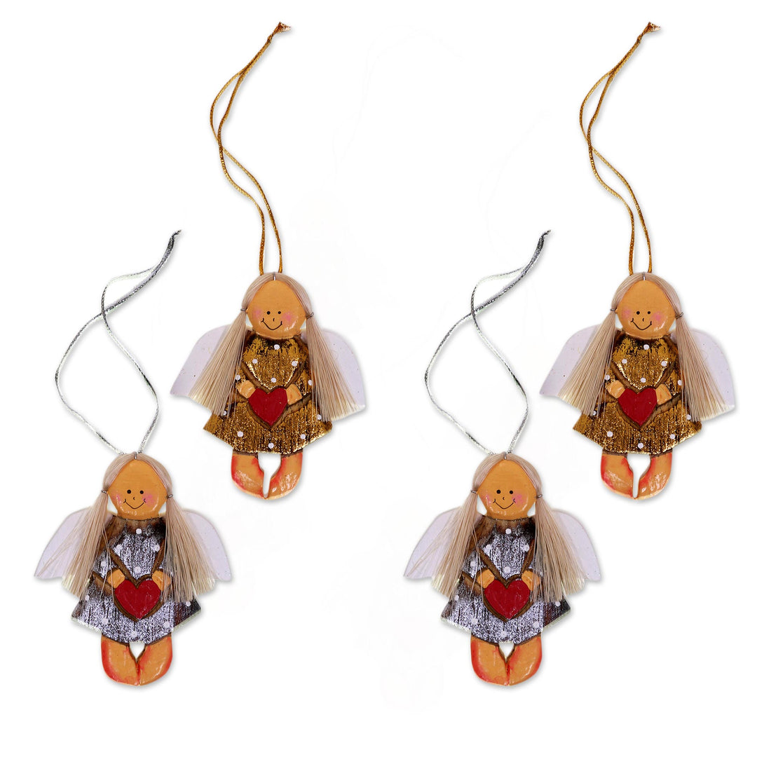 4 Artisan Crafted Angel with Hearts Holiday Ornaments Set - Heart Angels