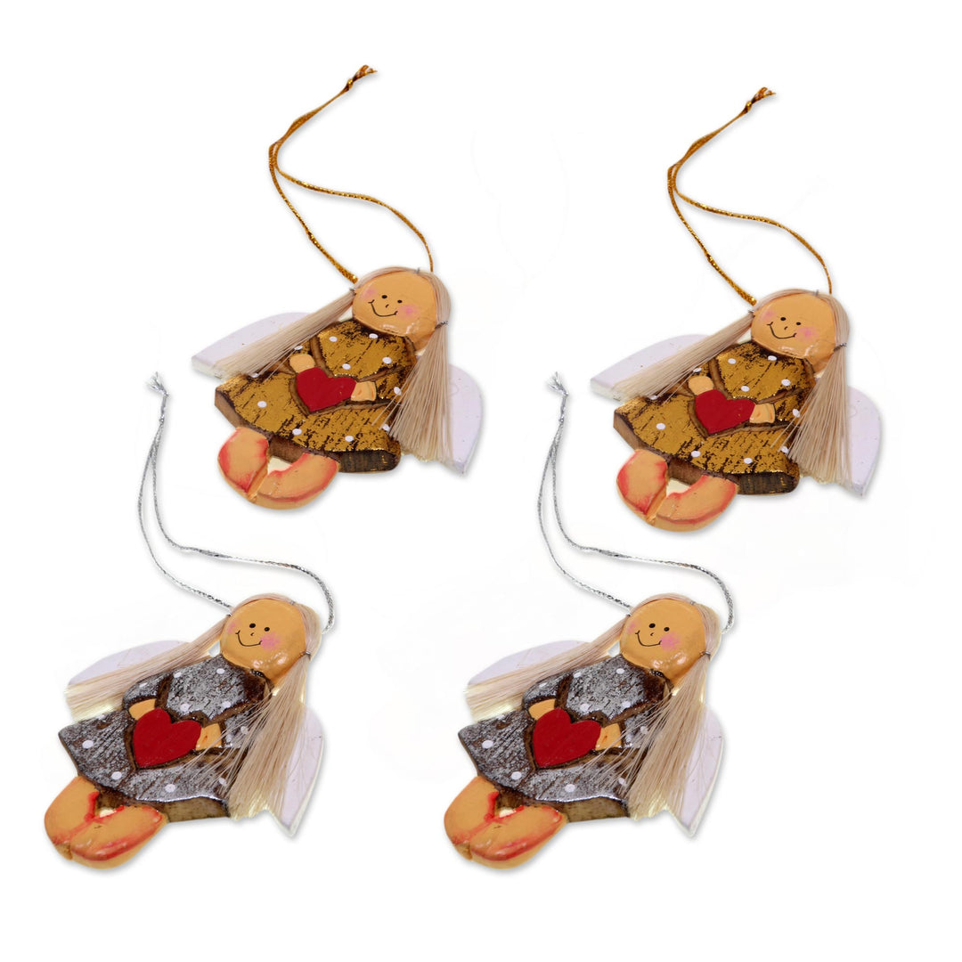 4 Artisan Crafted Angel with Hearts Holiday Ornaments Set - Heart Angels