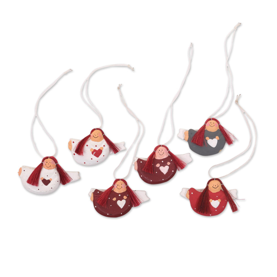 Set of 6 Red-Haired Wooden Angel Ornaments with Hearts - Red-headed Angels