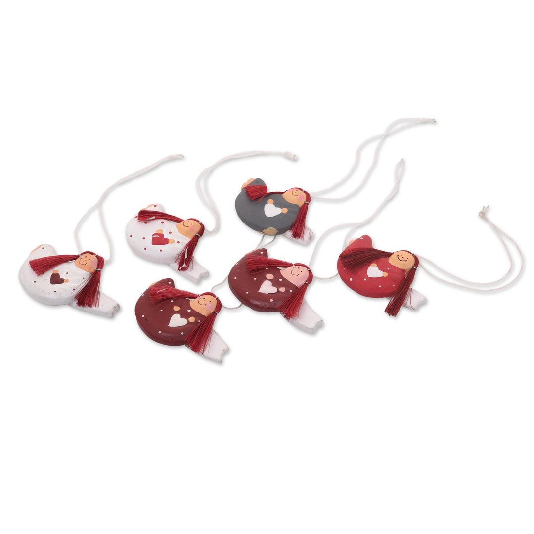 Set of 6 Red-Haired Wooden Angel Ornaments with Hearts - Red-headed Angels