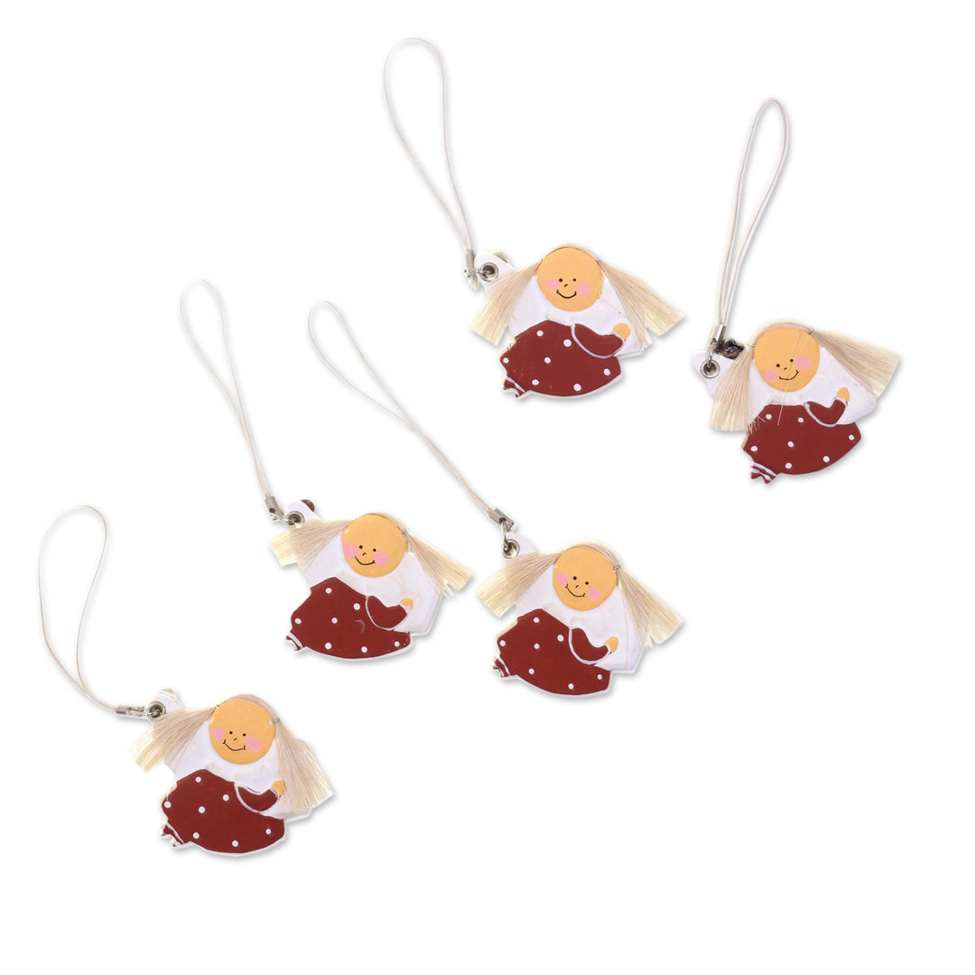 Set of 5 Fair Trade Handmade Wood Angel Ornaments - Little Red Angels