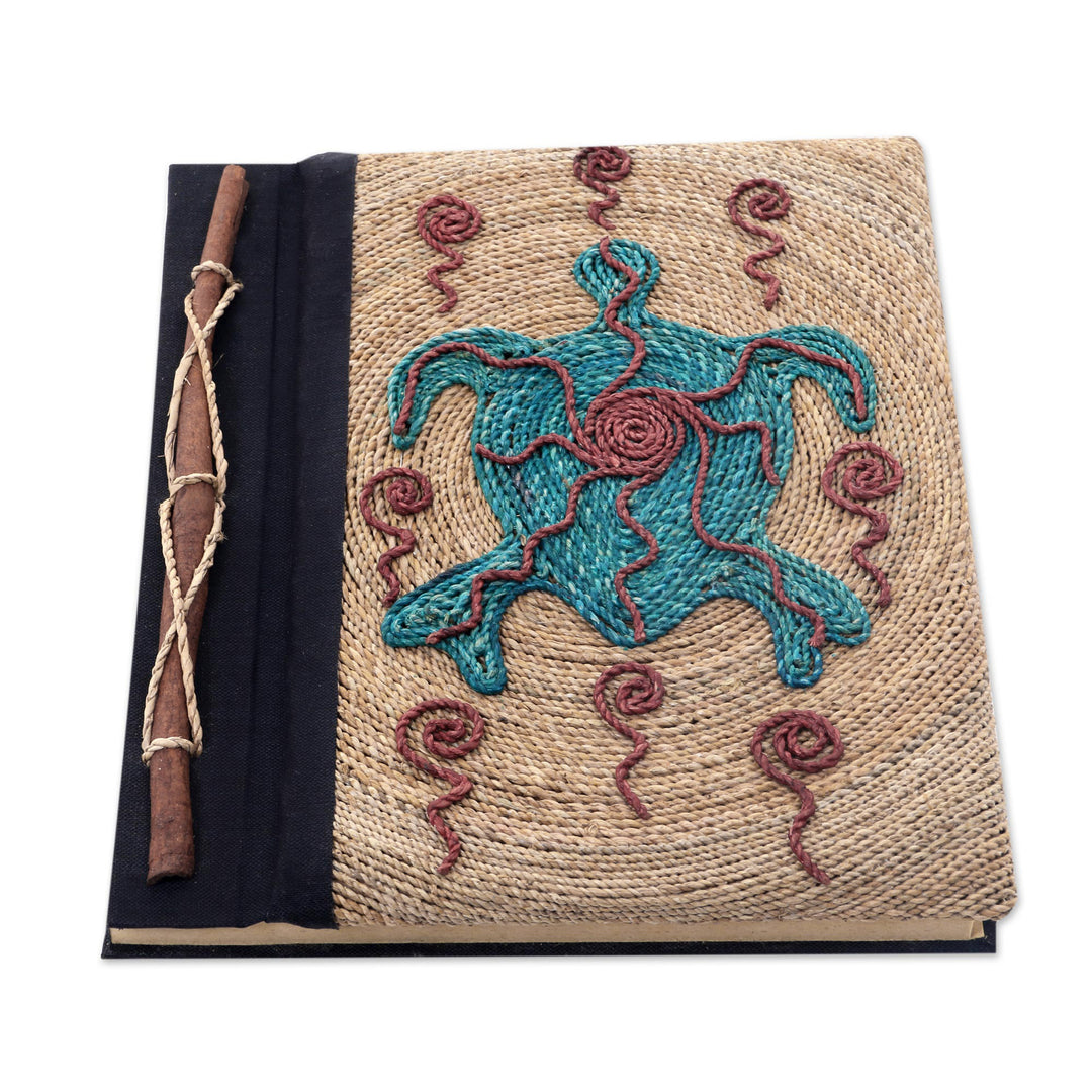 Handmade Natural Fiber Blank 50-pg Journal with Turtle Motif - Blue Turtle