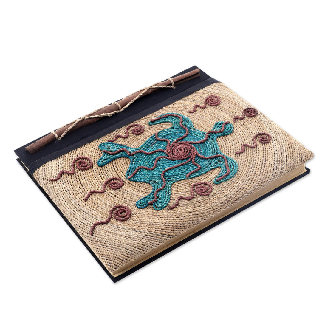Handmade Natural Fiber Blank 50-pg Journal with Turtle Motif - Blue Turtle