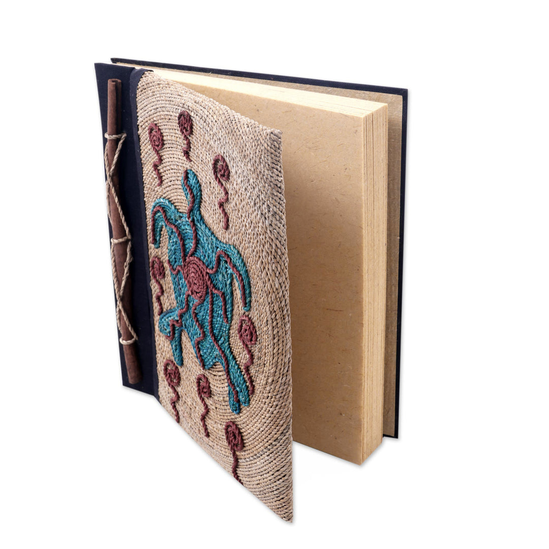 Handmade Natural Fiber Blank 50-pg Journal with Turtle Motif - Blue Turtle