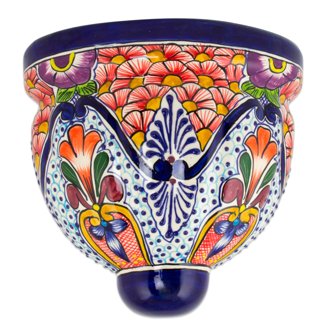 Artisan Crafted Talavera-Inspired Ceramic Wall Planter - Radiant Flowers
