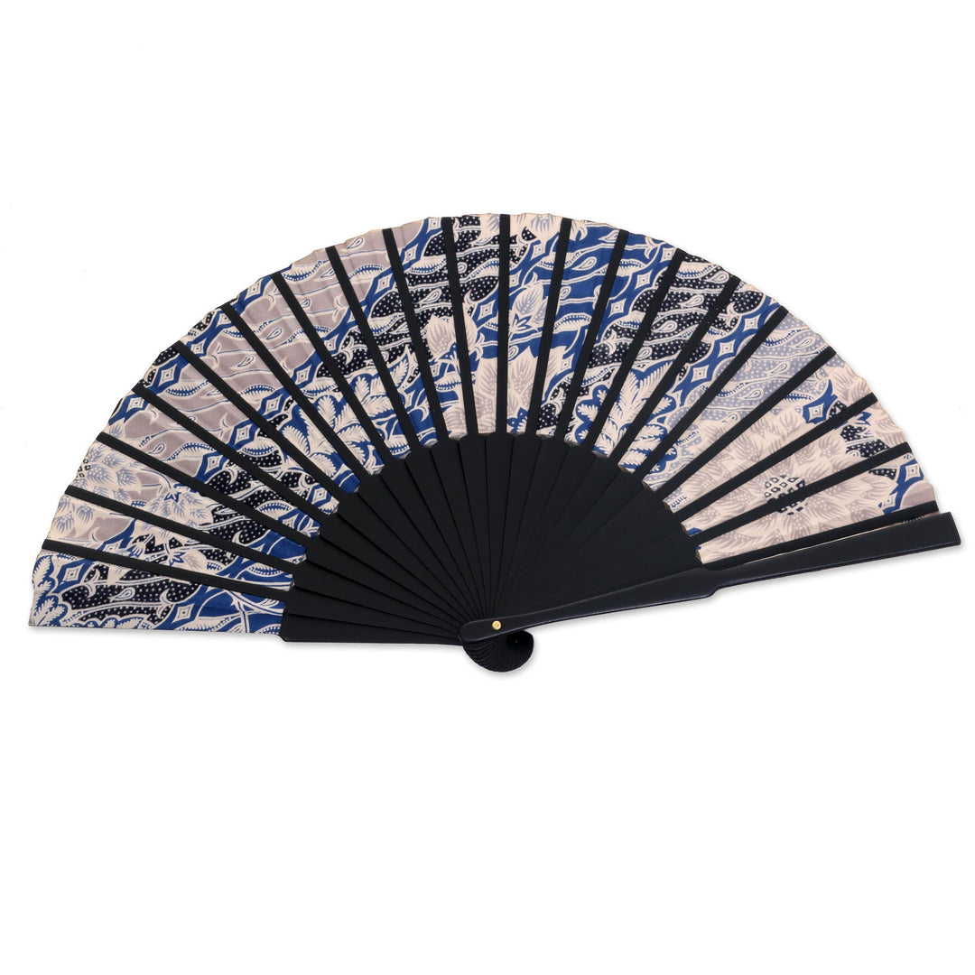 Handcrafted Silk Fan in Blue and Black Batik Design - Blooming Chrysanthemums