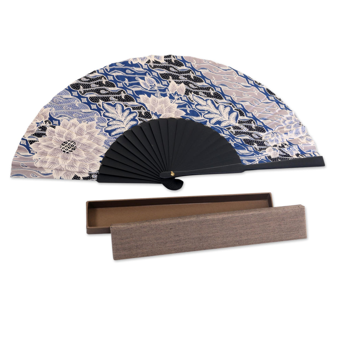 Handcrafted Silk Fan in Blue and Black Batik Design - Blooming Chrysanthemums