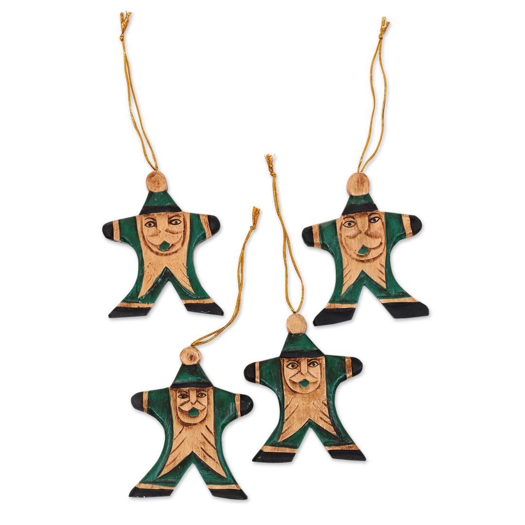 4 Hand Carved Wood Christmas Ornaments with Santa Theme - Happy Green Santa