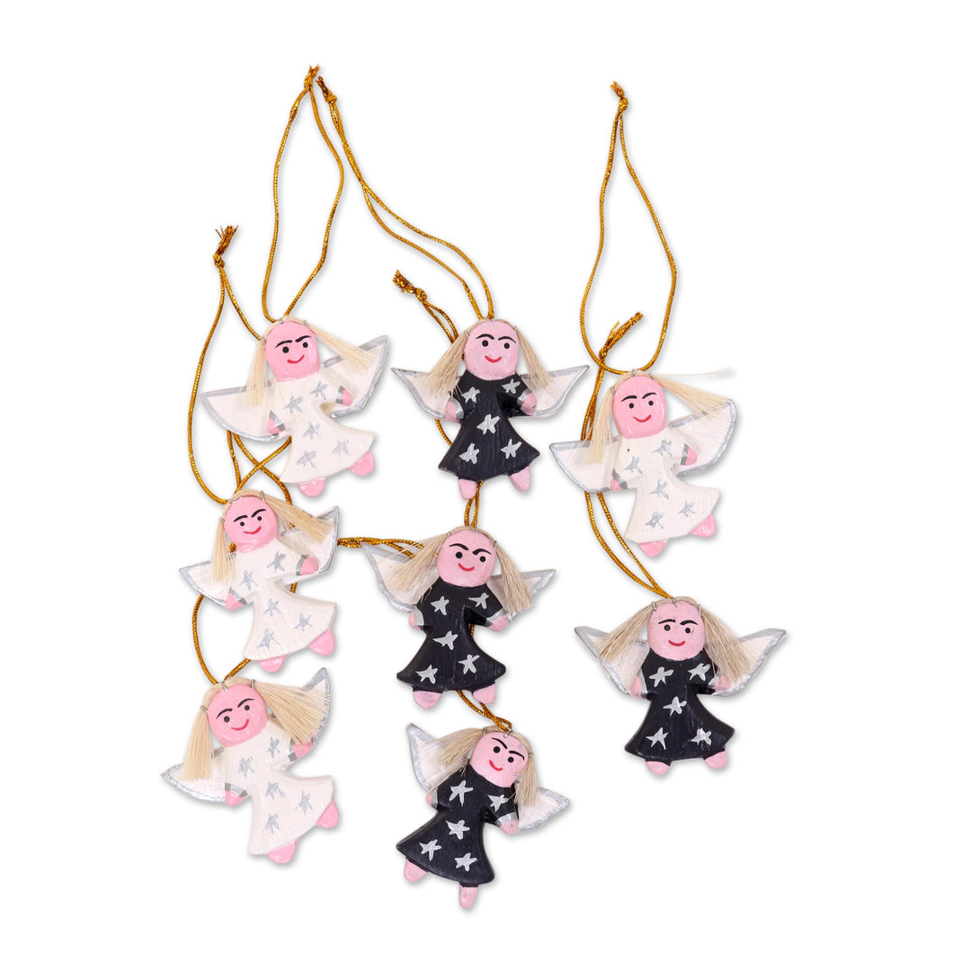 8 Artisan Crafted Angel Wood Ornaments in Black and White - Angelic Squad