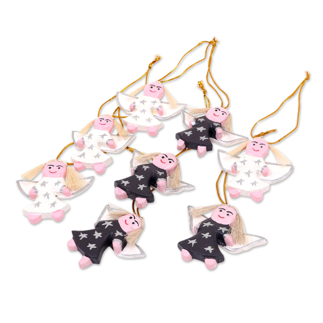 8 Artisan Crafted Angel Wood Ornaments in Black and White - Angelic Squad