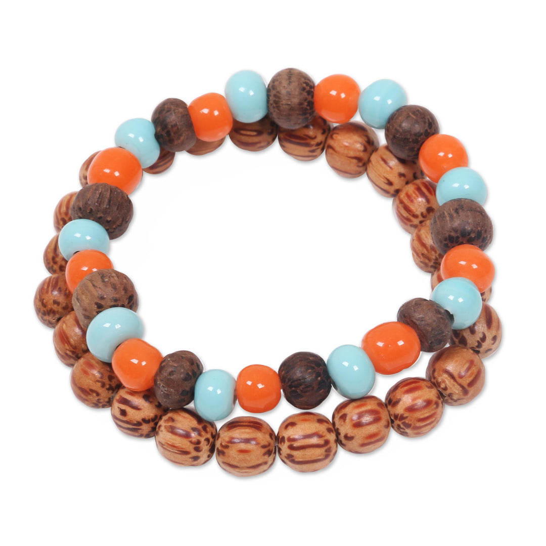 Artisan Crafted Ceramic and Wood Bead Bracelets (Pair) - Bangli Dawn