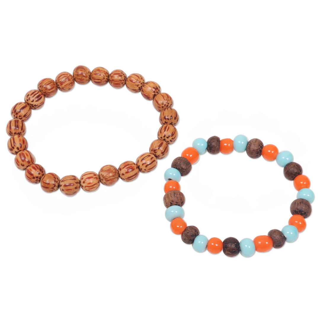 Artisan Crafted Ceramic and Wood Bead Bracelets (Pair) - Bangli Dawn