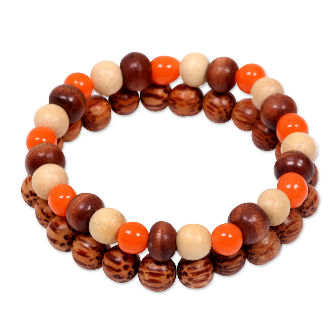 Hand Crafted Bead Stretch Bracelets from Bali Artisan (Pair) - Orange Connection
