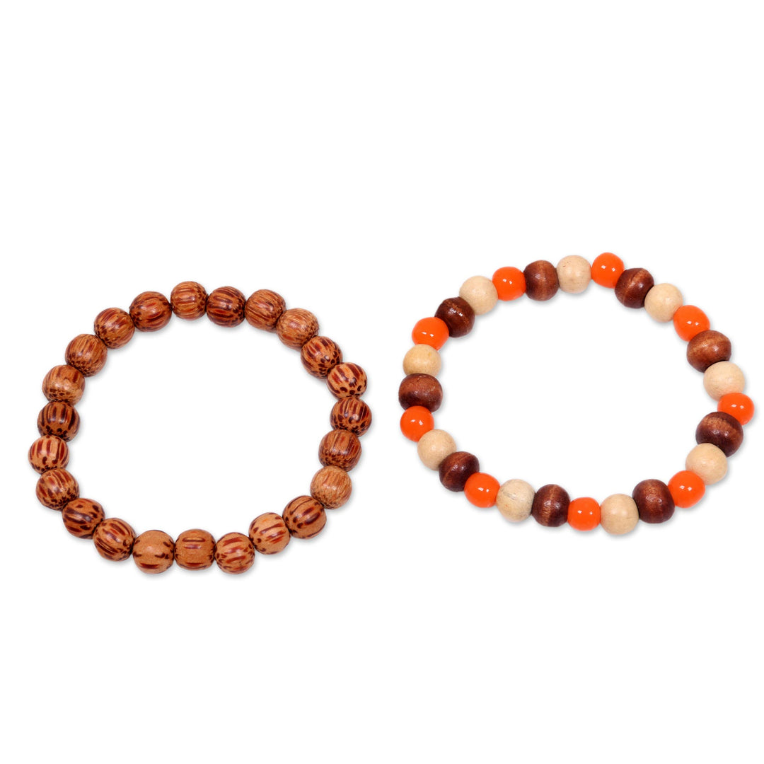 Hand Crafted Bead Stretch Bracelets from Bali Artisan (Pair) - Orange Connection
