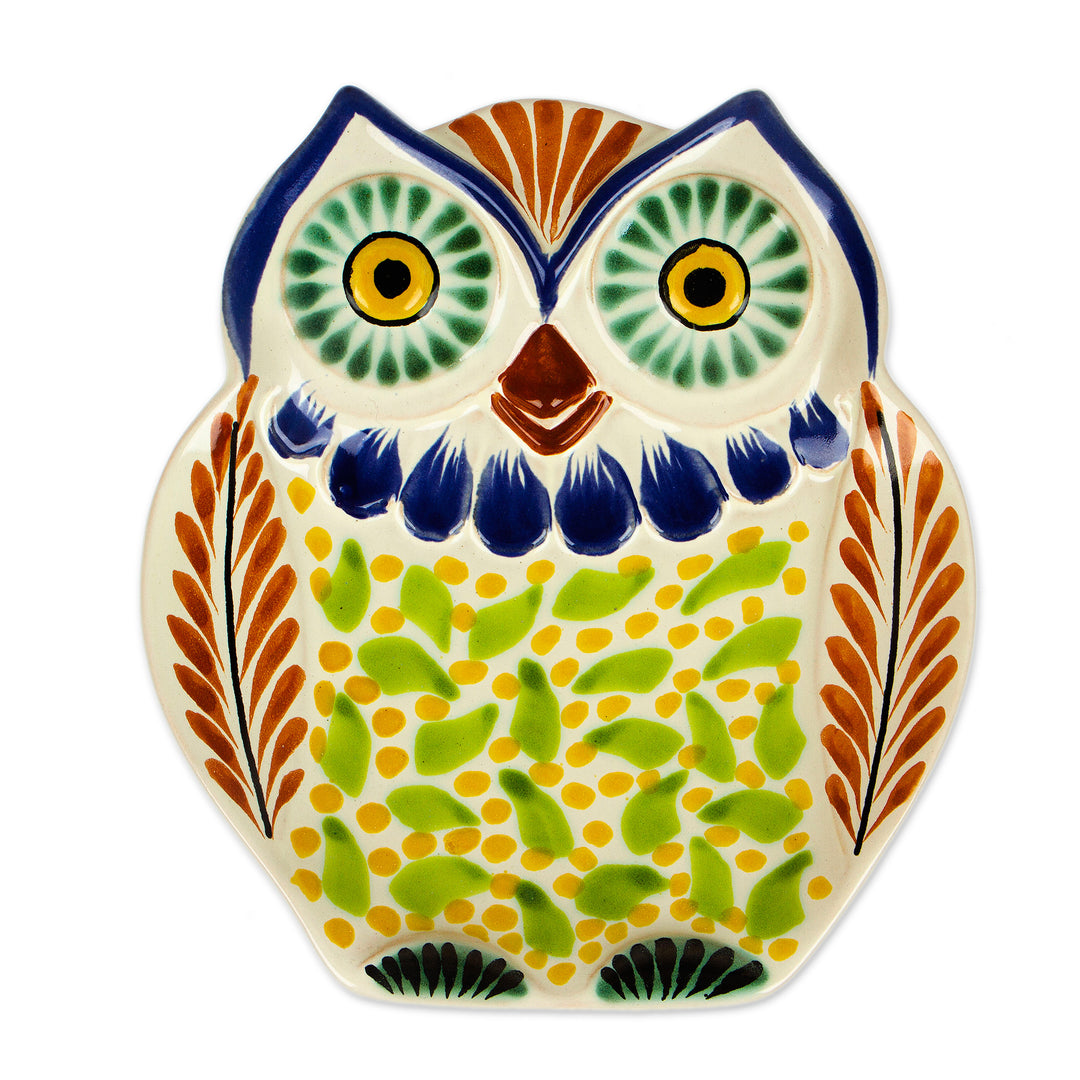 Handcrafted Owl Theme Green and Blue Majolica Ceramic Dish - Curious Green Owl
