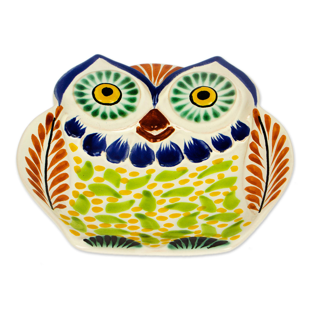 Handcrafted Owl Theme Green and Blue Majolica Ceramic Dish - Curious Green Owl